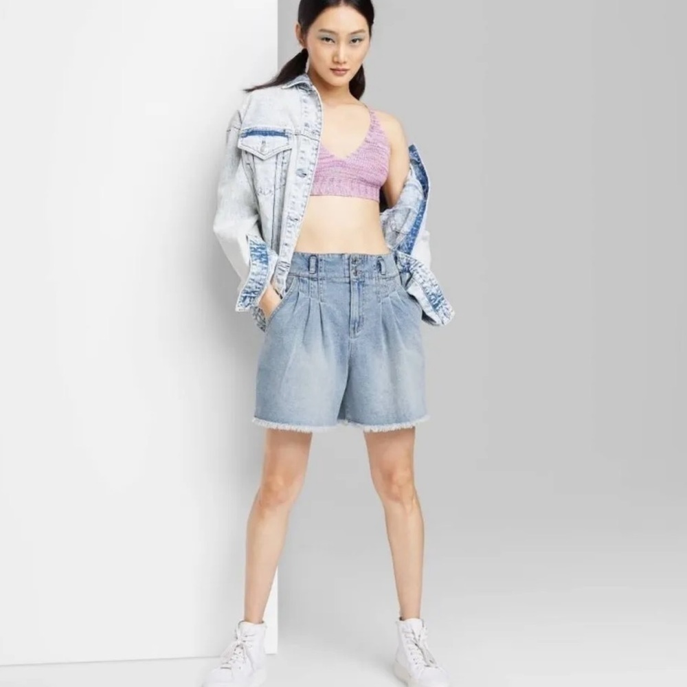 WILD Fable Womens Highest Rise A-Line Denim Shorts Pleated Raw Hem Lt. Blue